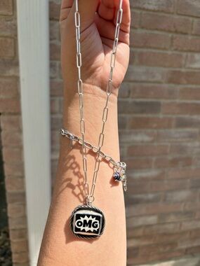 OMG Square Pendant STERLING Silver paper clip chain Necklace - Black & Silver